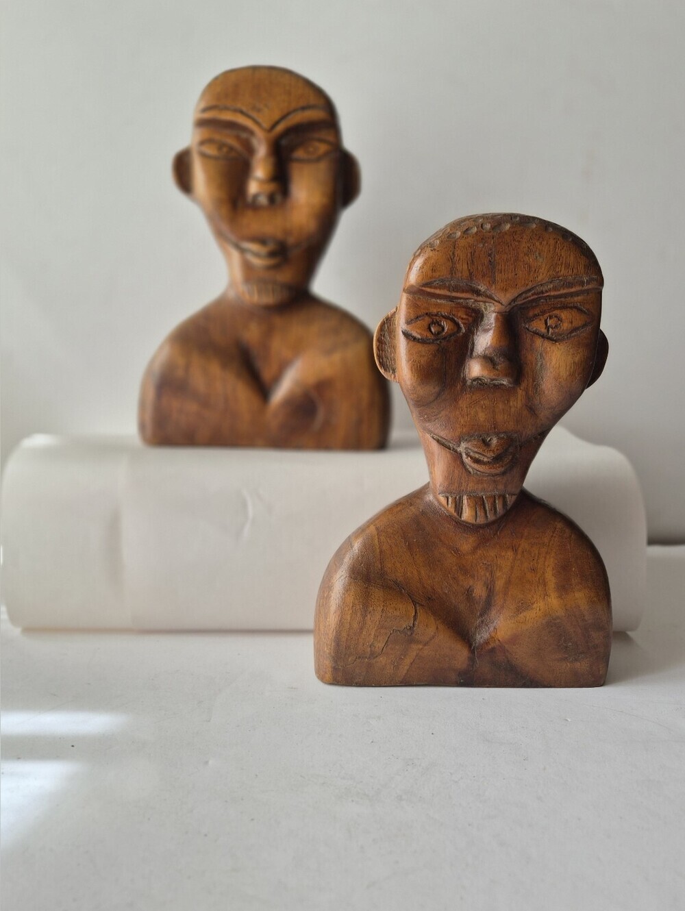 Vintage Mid-Century Hand-Carved Wooden Tribal Bust Bookends - Pair 9.5